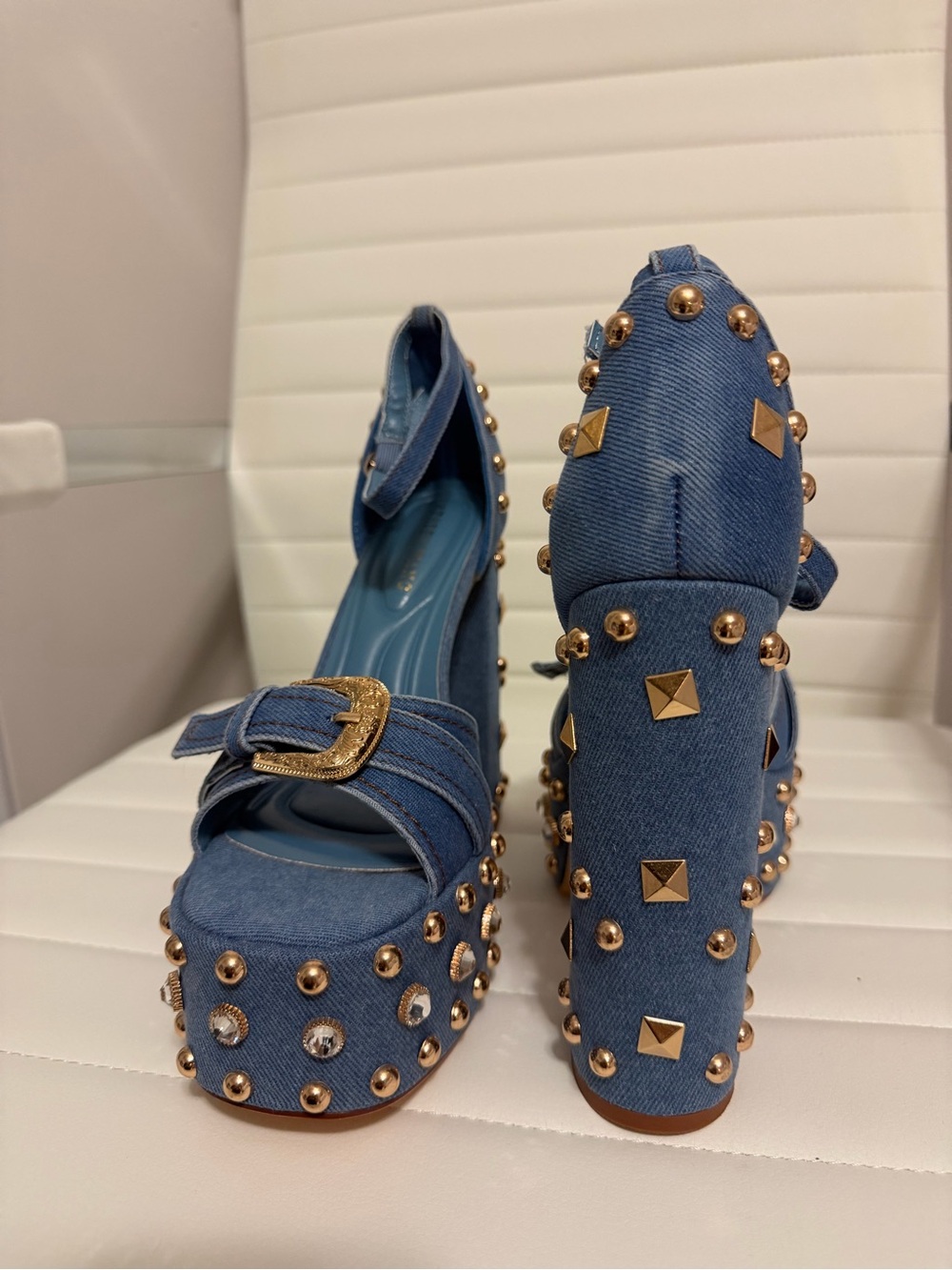 Denim Platform Stud Heels with Gold Accents - Blue